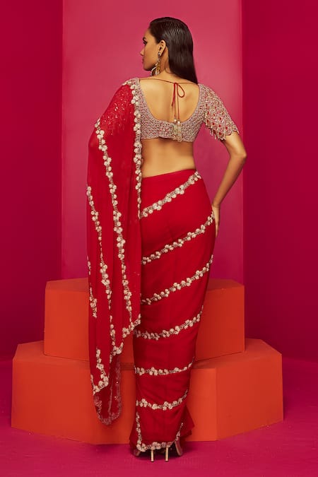 Krisha sunny Ramani Red Georgette Embroidery Cutdana Floral Stripe Pre-draped Saree With Blouse  2