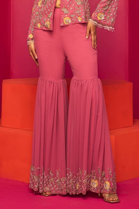 Krisha Sunny Ramani_Pink Georgette Sequins, Crystals, Stones, Beads Embroidered Blazer And Gharara Set _Online_at_Aza_Fashions