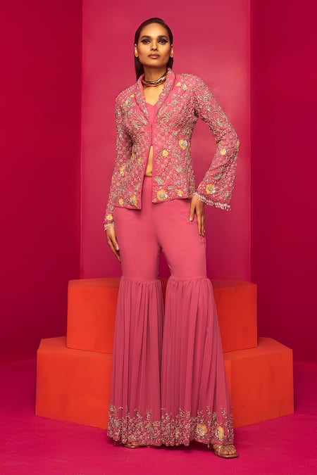 Krisha sunny Ramani Pink Georgette Embroidery Glass Bead Shawl Collar Blazer And Gharara Set 