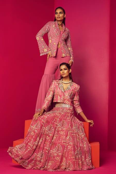 Buy_Krisha Sunny Ramani_Pink Georgette Sequins, Crystals, Stones, Beads Embroidered Blazer And Gharara Set _Online_at_Aza_Fashions