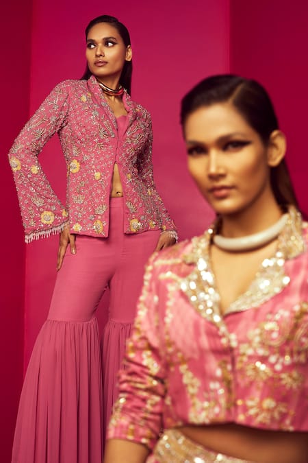Shop_Krisha Sunny Ramani_Pink Georgette Sequins, Crystals, Stones, Beads Embroidered Blazer And Gharara Set _Online_at_Aza_Fashions