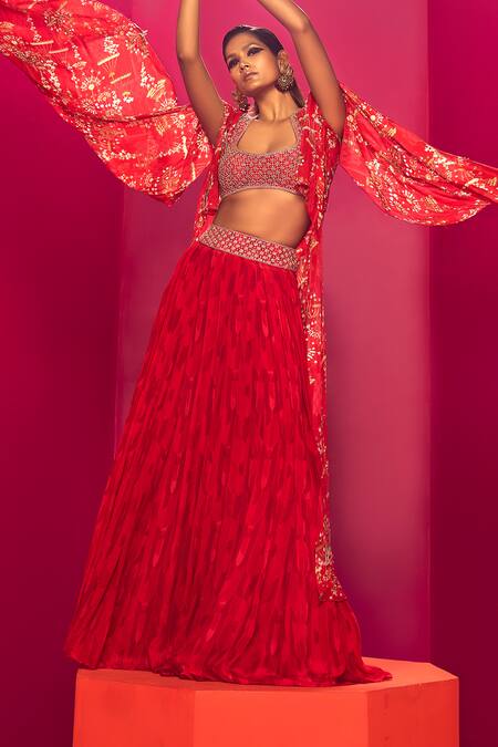Shop Krisha Sunny Ramani Red Crepe, Georgette Embroidery, Sequins, Cut Chandelier Print Cape Lehenga Set Online at Aza Fashions Shop_Krisha Sunny Ramani_Red Crepe, Georgette Embroidery, Sequins, Cut Chandelier Print Cape Lehenga Set _Online_at_Aza_Fashions