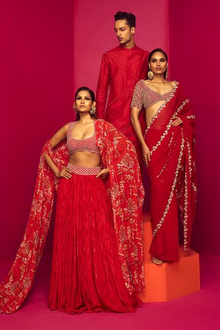 Krisha Sunny Ramani Red Crepe, Georgette Embroidery, Sequins, Cut Chandelier Print Cape Lehenga Set at Aza Fashions Krisha Sunny Ramani_Red Crepe, Georgette Embroidery, Sequins, Cut Chandelier Print Cape Lehenga Set _at_Aza_Fashions