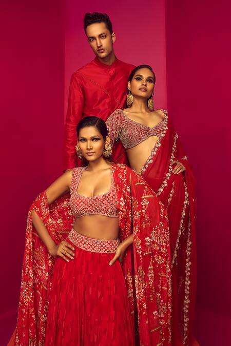 Buy Krisha Sunny Ramani Red Crepe, Georgette Embroidery, Sequins, Cut Chandelier Print Cape Lehenga Set Buy_Krisha Sunny Ramani_Red Crepe, Georgette Embroidery, Sequins, Cut Chandelier Print Cape Lehenga Set