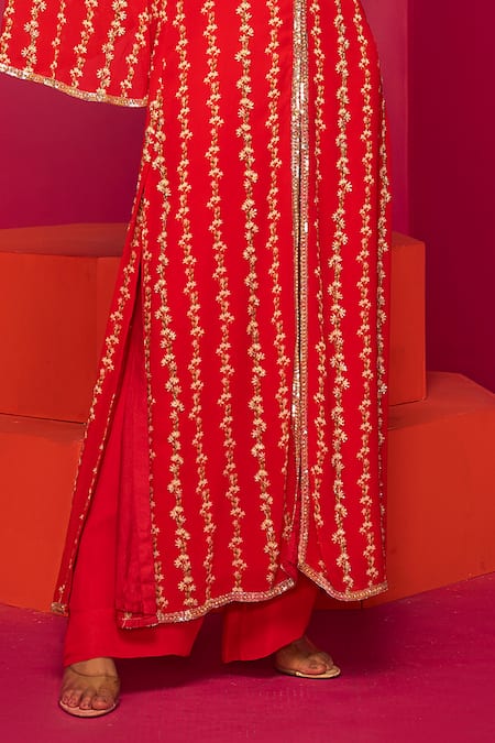 Krisha Sunny Ramani Red Georgette Sequins, Cut Work Floral Stripe Print Kurta And Flared Pant Set Online at Aza Fashions Krisha Sunny Ramani_Red Georgette Sequins, Cut Work Floral Stripe Print Kurta And Flared Pant Set _Online_at_Aza_Fashions