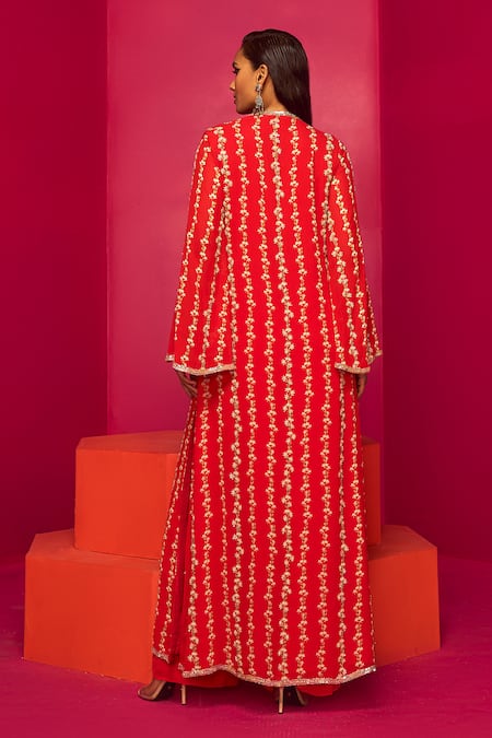 Shop Krisha Sunny Ramani Red Georgette Sequins, Cut Work Floral Stripe Print Kurta And Flared Pant Set at Aza Fashions Shop_Krisha Sunny Ramani_Red Georgette Sequins, Cut Work Floral Stripe Print Kurta And Flared Pant Set _at_Aza_Fashions