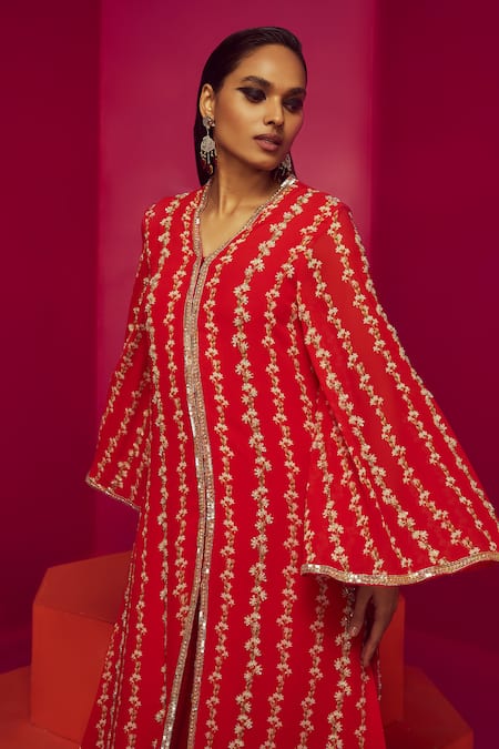 Buy Krisha Sunny Ramani Red Georgette Sequins, Cut Work Floral Stripe Print Kurta And Flared Pant Set Online at Aza Fashions Buy_Krisha Sunny Ramani_Red Georgette Sequins, Cut Work Floral Stripe Print Kurta And Flared Pant Set _Online_at_Aza_Fashions