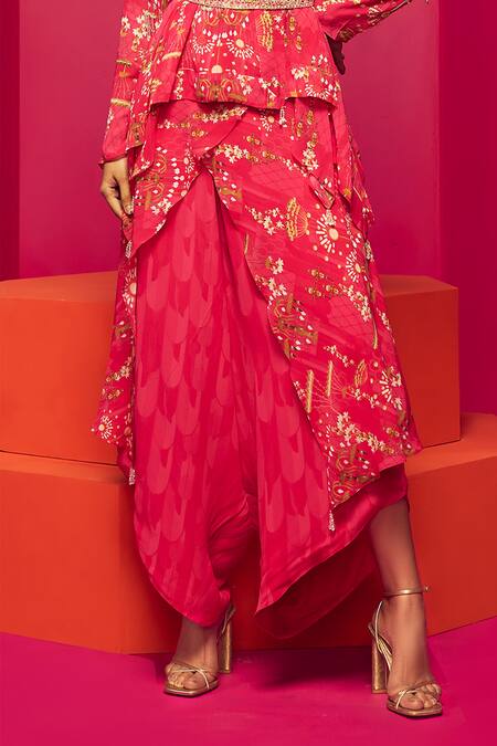 Krisha Sunny Ramani Pink Georgette Sequins, Cut Work, Printed Layered Kurta And Dhoti Pant Set Online at Aza Fashions Krisha Sunny Ramani_Pink Georgette Sequins, Cut Work, Printed Layered Kurta And Dhoti Pant Set _Online_at_Aza_Fashions