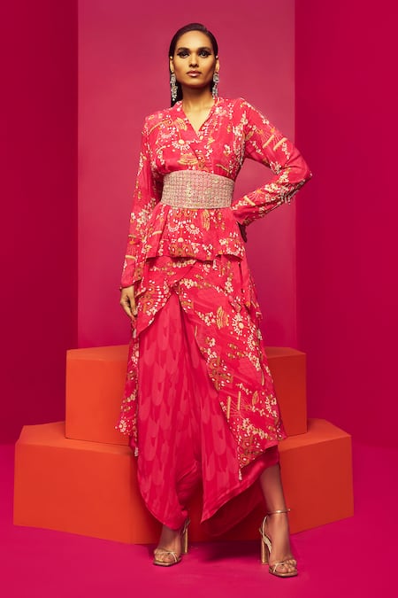 Krisha sunny Ramani Pink Georgette Printed Chandelier V Layered Kurta And Dhoti Pant Set 