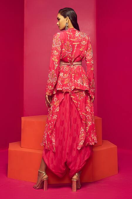 Shop Krisha Sunny Ramani Pink Georgette Sequins, Cut Work, Printed Layered Kurta And Dhoti Pant Set at Aza Fashions Shop_Krisha Sunny Ramani_Pink Georgette Sequins, Cut Work, Printed Layered Kurta And Dhoti Pant Set _at_Aza_Fashions