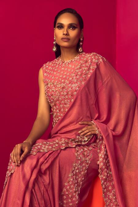 Krisha Sunny Ramani Pink Georgette Sequins, Border Embroidered Pre-draped Saree With Blouse Online at Aza Fashions Krisha Sunny Ramani_Pink Georgette Sequins, Border Embroidered Pre-draped Saree With Blouse _Online_at_Aza_Fashions