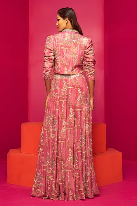 Shop Krisha Sunny Ramani Pink Crepe, Georgette Sequins Collared Printed Cropped Jacket And Lehenga Set at Aza Fashions Shop_Krisha Sunny Ramani_Pink Crepe, Georgette Sequins Collared Printed Cropped Jacket And Lehenga Set _at_Aza_Fashions
