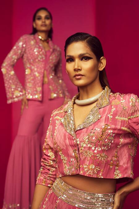 Buy Krisha Sunny Ramani Pink Crepe, Georgette Sequins Collared Printed Cropped Jacket And Lehenga Set Online at Aza Fashions Buy_Krisha Sunny Ramani_Pink Crepe, Georgette Sequins Collared Printed Cropped Jacket And Lehenga Set _Online_at_Aza_Fashions