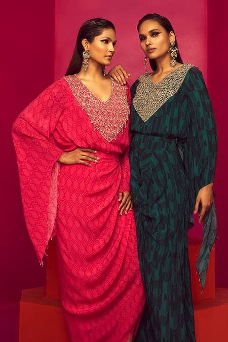 Shop Krisha Sunny Ramani Green Crepe Sequins V-neck Scallop Print Kurta And Dhoti Skirt Set Online at Aza Fashions Shop_Krisha Sunny Ramani_Green Crepe Sequins V-neck Scallop Print Kurta And Dhoti Skirt Set _Online_at_Aza_Fashions