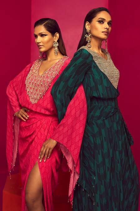 Krisha Sunny Ramani Green Crepe Sequins V-neck Scallop Print Kurta And Dhoti Skirt Set at Aza Fashions Krisha Sunny Ramani_Green Crepe Sequins V-neck Scallop Print Kurta And Dhoti Skirt Set _at_Aza_Fashions