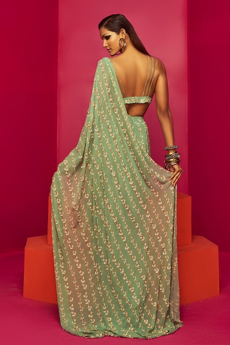 Shop Krisha Sunny Ramani Green Georgette Cut Work, Floral Stripe Print Pre-draped Saree With Blouse at Aza Fashions Shop_Krisha Sunny Ramani_Green Georgette Cut Work, Floral Stripe Print Pre-draped Saree With Blouse _at_Aza_Fashions