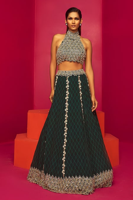 Buy Krisha Sunny Ramani Green Crepe Embroidery, Sequins, Pointed Scallop Print Lehenga And Blouse Set Online at Aza Fashions Buy_Krisha Sunny Ramani_Green Crepe Embroidery, Sequins, Pointed Scallop Print Lehenga And Blouse Set _Online_at_Aza_Fashions