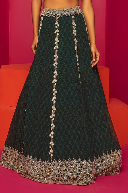 Shop Krisha Sunny Ramani Green Crepe Embroidery, Sequins, Pointed Scallop Print Lehenga And Blouse Set Online at Aza Fashions Shop_Krisha Sunny Ramani_Green Crepe Embroidery, Sequins, Pointed Scallop Print Lehenga And Blouse Set _Online_at_Aza_Fashions