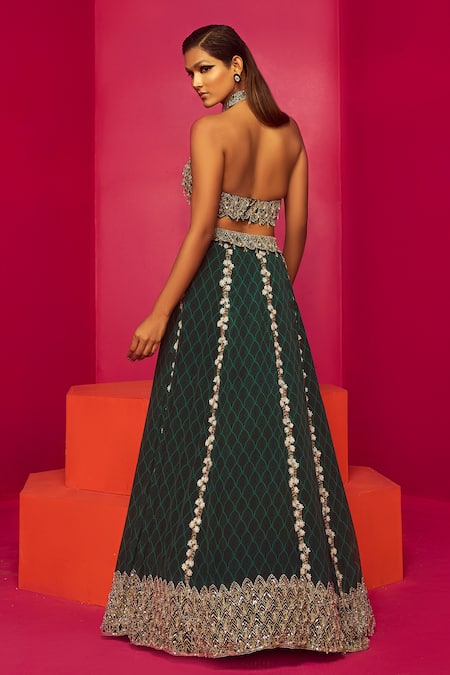 Shop Krisha Sunny Ramani Green Crepe Embroidery, Sequins, Pointed Scallop Print Lehenga And Blouse Set at Aza Fashions Shop_Krisha Sunny Ramani_Green Crepe Embroidery, Sequins, Pointed Scallop Print Lehenga And Blouse Set _at_Aza_Fashions