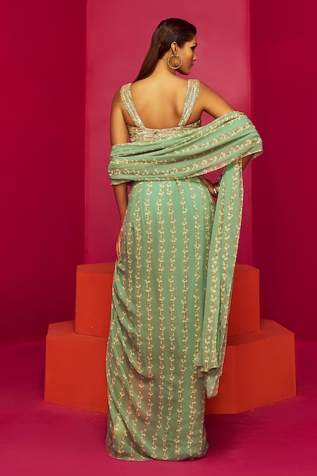 Krisha Sunny Ramani_Green Georgette Sequins, Cut Flower Stripe Print Pre-draped Saree With Blouse _Online_at_Aza_Fashions