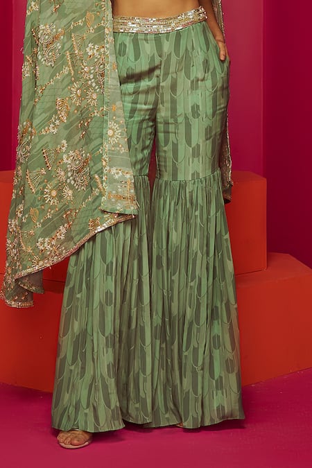 Krisha Sunny Ramani Green Crepe, Georgette Crystals, Sequins, Cut Chandelier Print Cape Gharara Set Online at Aza Fashions Krisha Sunny Ramani_Green Crepe, Georgette Crystals, Sequins, Cut Chandelier Print Cape Gharara Set _Online_at_Aza_Fashions