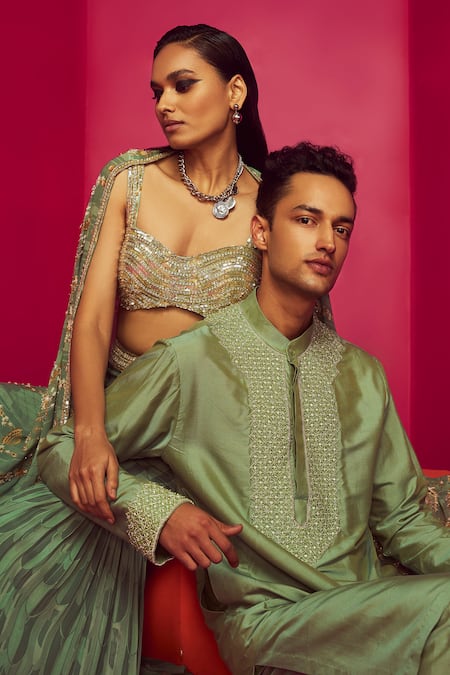 Buy Krisha Sunny Ramani Green Crepe, Georgette Crystals, Sequins, Cut Chandelier Print Cape Gharara Set Online at Aza Fashions Buy_Krisha Sunny Ramani_Green Crepe, Georgette Crystals, Sequins, Cut Chandelier Print Cape Gharara Set _Online_at_Aza_Fashions