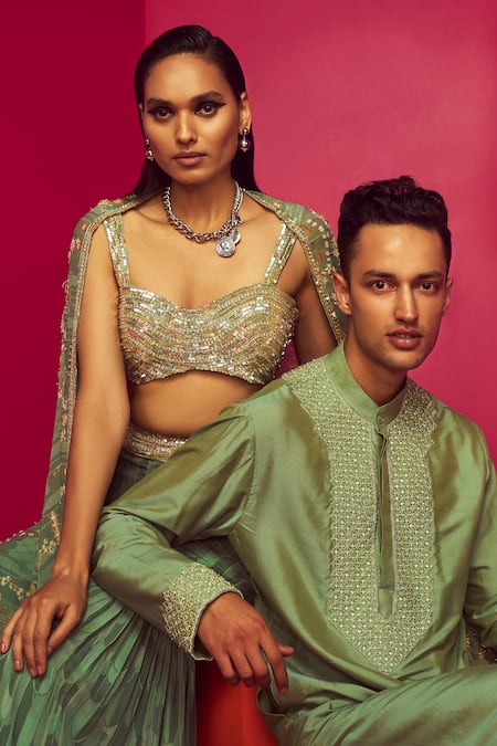 Shop Krisha Sunny Ramani Green Crepe, Georgette Crystals, Sequins, Cut Chandelier Print Cape Gharara Set Online at Aza Fashions Shop_Krisha Sunny Ramani_Green Crepe, Georgette Crystals, Sequins, Cut Chandelier Print Cape Gharara Set _Online_at_Aza_Fashions