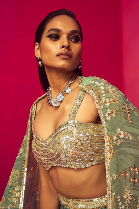 Krisha Sunny Ramani Green Crepe, Georgette Crystals, Sequins, Cut Chandelier Print Cape Gharara Set at Aza Fashions Krisha Sunny Ramani_Green Crepe, Georgette Crystals, Sequins, Cut Chandelier Print Cape Gharara Set _at_Aza_Fashions