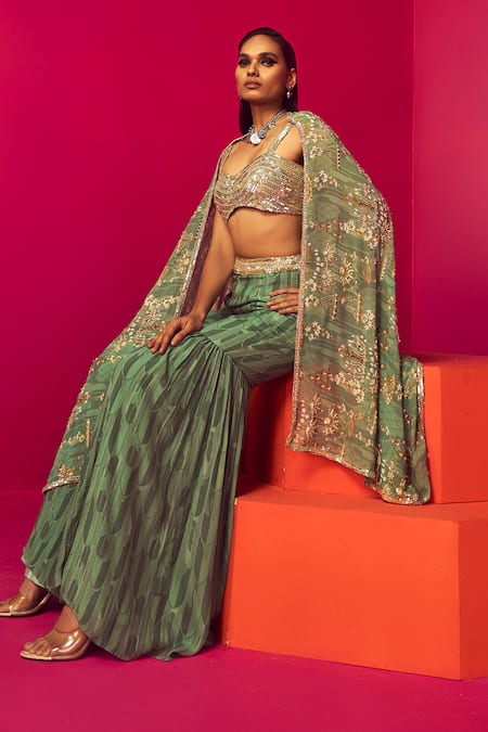 Buy Krisha Sunny Ramani Green Crepe, Georgette Crystals, Sequins, Cut Chandelier Print Cape Gharara Set Buy_Krisha Sunny Ramani_Green Crepe, Georgette Crystals, Sequins, Cut Chandelier Print Cape Gharara Set