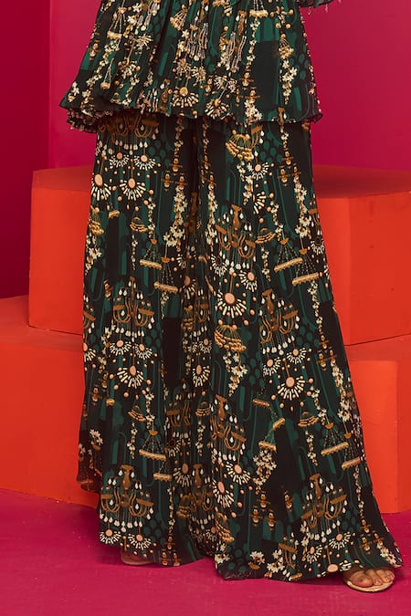 Krisha Sunny Ramani Green Georgette Sequins, Cut Work, Chandelier Print Layered Kurta And Sharara Set Online at Aza Fashions Krisha Sunny Ramani_Green Georgette Sequins, Cut Work, Chandelier Print Layered Kurta And Sharara Set _Online_at_Aza_Fashions