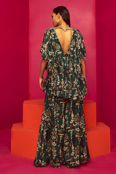 Shop Krisha Sunny Ramani Green Georgette Sequins, Cut Work, Chandelier Print Layered Kurta And Sharara Set at Aza Fashions Shop_Krisha Sunny Ramani_Green Georgette Sequins, Cut Work, Chandelier Print Layered Kurta And Sharara Set _at_Aza_Fashions