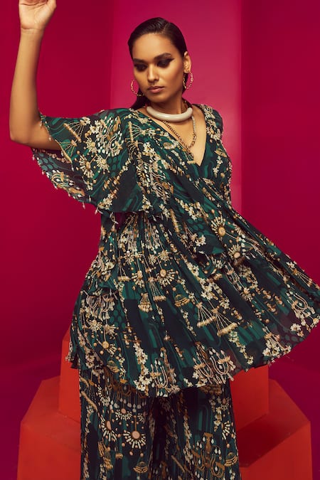 Buy Krisha Sunny Ramani Green Georgette Sequins, Cut Work, Chandelier Print Layered Kurta And Sharara Set Online at Aza Fashions Buy_Krisha Sunny Ramani_Green Georgette Sequins, Cut Work, Chandelier Print Layered Kurta And Sharara Set _Online_at_Aza_Fashions