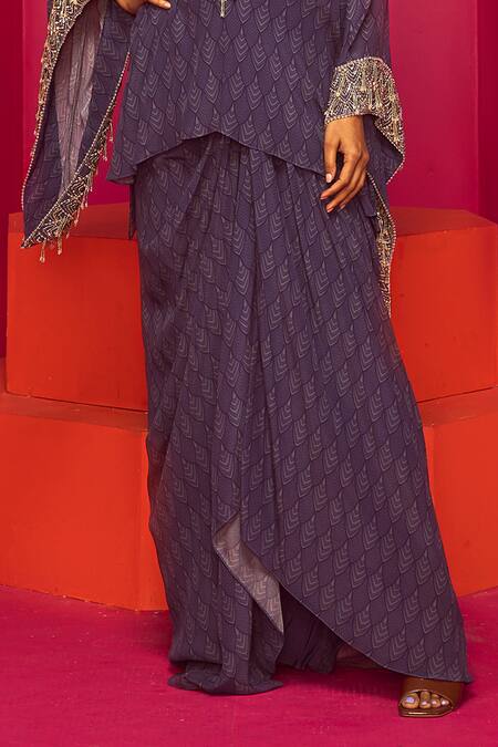 Krisha Sunny Ramani Purple Crepe Sequins, Cut Work V-neck Chevron Print Kurta And Dhoti Skirt Set Online at Aza Fashions Krisha Sunny Ramani_Purple Crepe Sequins, Cut Work V-neck Chevron Print Kurta And Dhoti Skirt Set _Online_at_Aza_Fashions