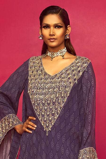 Buy Krisha Sunny Ramani Purple Crepe Sequins, Cut Work V-neck Chevron Print Kurta And Dhoti Skirt Set Online at Aza Fashions Buy_Krisha Sunny Ramani_Purple Crepe Sequins, Cut Work V-neck Chevron Print Kurta And Dhoti Skirt Set _Online_at_Aza_Fashions