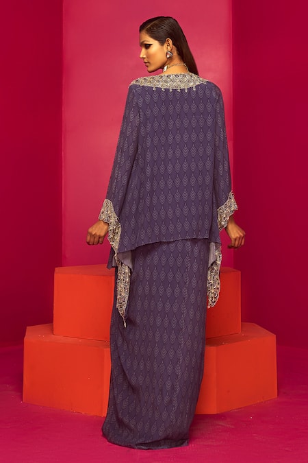 Shop Krisha Sunny Ramani Purple Crepe Sequins, Cut Work V-neck Chevron Print Kurta And Dhoti Skirt Set at Aza Fashions Shop_Krisha Sunny Ramani_Purple Crepe Sequins, Cut Work V-neck Chevron Print Kurta And Dhoti Skirt Set _at_Aza_Fashions