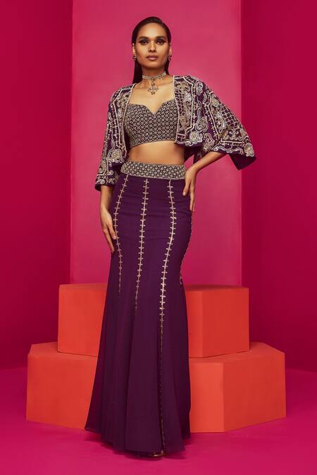 Krisha sunny Ramani Purple Georgette Embroidery Cutdana Cape Open Fish Skirt Set 