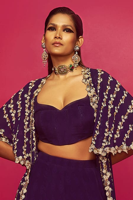 Krisha Sunny Ramani_Purple Crepe, Georgette Sequins Sweetheart Stripe Embroidered Cape Skirt Set _Online_at_Aza_Fashions