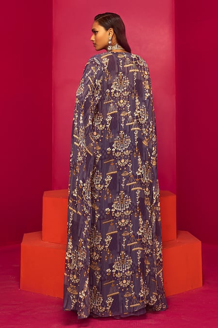 Shop Krisha Sunny Ramani Purple Crepe Sequins, Crystals Halter Neck Chandelier Print Cape Sharara Set at Aza Fashions Shop_Krisha Sunny Ramani_Purple Crepe Sequins, Crystals Halter Neck Chandelier Print Cape Sharara Set _at_Aza_Fashions