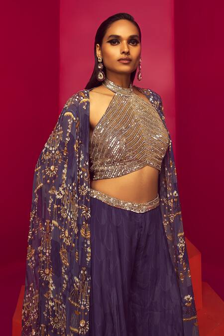 Buy Krisha Sunny Ramani Purple Crepe Sequins, Crystals Halter Neck Chandelier Print Cape Sharara Set Online at Aza Fashions Buy_Krisha Sunny Ramani_Purple Crepe Sequins, Crystals Halter Neck Chandelier Print Cape Sharara Set _Online_at_Aza_Fashions