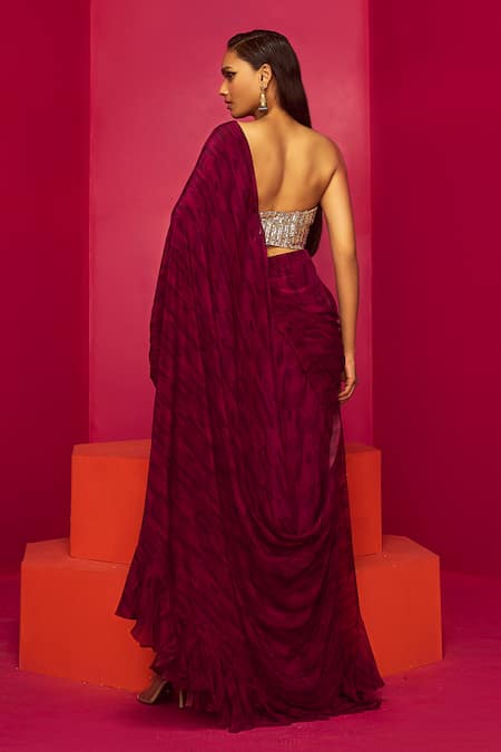 Shop Krisha Sunny Ramani Purple Crepe Sequins Collared Geometric Print Pre-draped Saree With Blouse at Aza Fashions Shop_Krisha Sunny Ramani_Purple Crepe Sequins Collared Geometric Print Pre-draped Saree With Blouse _at_Aza_Fashions