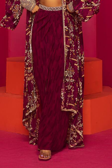 Krisha Sunny Ramani Purple Crepe, Georgette Chains, Sequins Chandelier Print Cape Dhoti Skirt Set Online at Aza Fashions Krisha Sunny Ramani_Purple Crepe, Georgette Chains, Sequins Chandelier Print Cape Dhoti Skirt Set _Online_at_Aza_Fashions