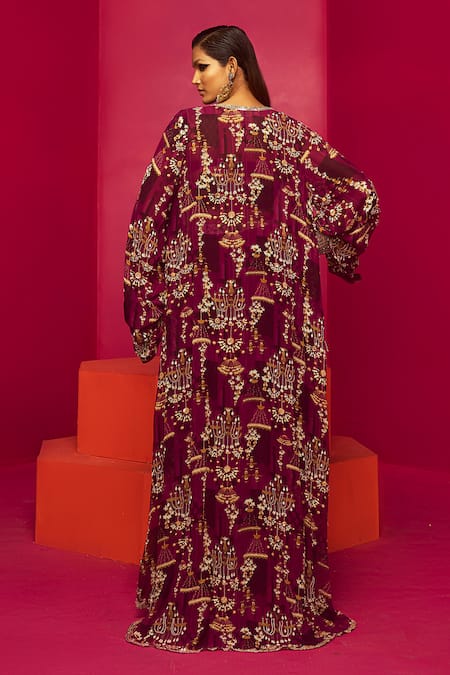 Shop Krisha Sunny Ramani Purple Crepe, Georgette Chains, Sequins Chandelier Print Cape Dhoti Skirt Set at Aza Fashions Shop_Krisha Sunny Ramani_Purple Crepe, Georgette Chains, Sequins Chandelier Print Cape Dhoti Skirt Set _at_Aza_Fashions