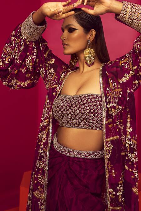 Buy Krisha Sunny Ramani Purple Crepe, Georgette Chains, Sequins Chandelier Print Cape Dhoti Skirt Set Online at Aza Fashions Buy_Krisha Sunny Ramani_Purple Crepe, Georgette Chains, Sequins Chandelier Print Cape Dhoti Skirt Set _Online_at_Aza_Fashions