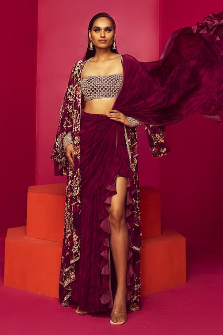 Krisha Sunny Ramani Purple Crepe, Georgette Sequins, Printed Pre-draped Saree Set With Cape Online at Aza Fashions Krisha Sunny Ramani_Purple Crepe, Georgette Sequins, Printed Pre-draped Saree Set With Cape _Online_at_Aza_Fashions