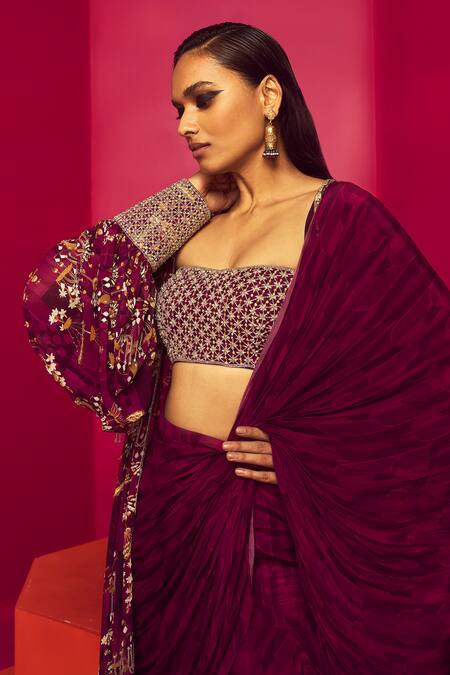 Buy Krisha Sunny Ramani Purple Crepe, Georgette Sequins, Printed Pre-draped Saree Set With Cape Online at Aza Fashions Buy_Krisha Sunny Ramani_Purple Crepe, Georgette Sequins, Printed Pre-draped Saree Set With Cape _Online_at_Aza_Fashions