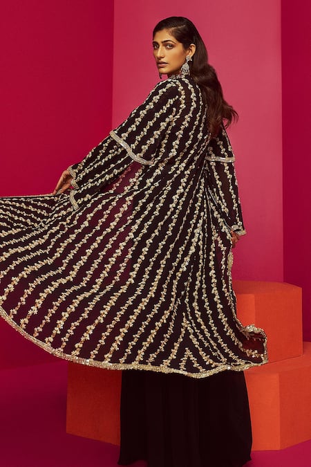 Krisha Sunny Ramani Black Crepe, Georgette Sequins, Beads Botanical Print Cape Sharara Set Online at Aza Fashions Krisha Sunny Ramani_Black Crepe, Georgette Sequins, Beads Botanical Print Cape Sharara Set _Online_at_Aza_Fashions