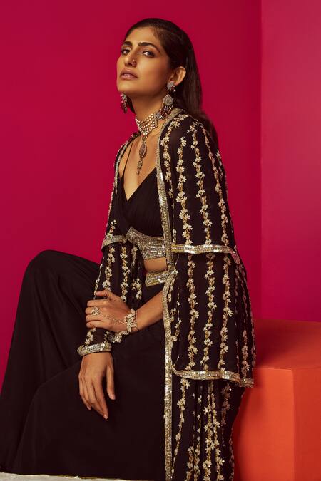 Buy Krisha Sunny Ramani Black Crepe, Georgette Sequins, Beads Botanical Print Cape Sharara Set Online at Aza Fashions Buy_Krisha Sunny Ramani_Black Crepe, Georgette Sequins, Beads Botanical Print Cape Sharara Set _Online_at_Aza_Fashions
