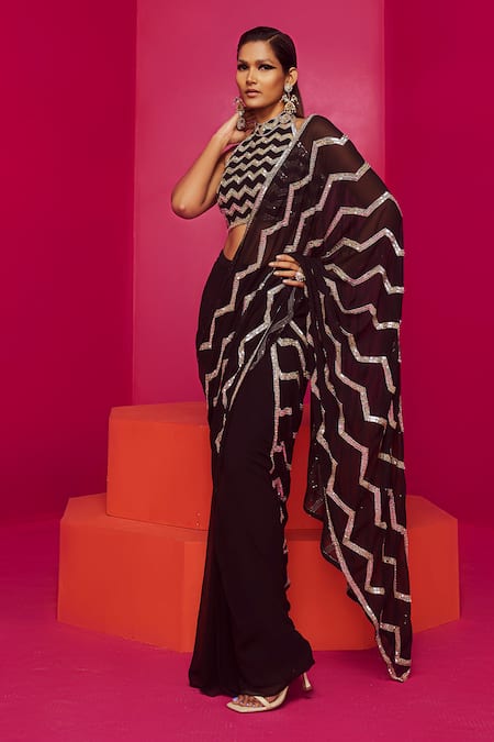 Krisha sunny Ramani Black Georgette Embroidery Chevron Pre-draped Saree With Blouse 