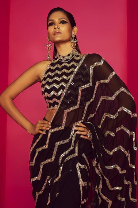 Krisha Sunny Ramani_Black Georgette Sequins, Cut Chevron Embroidered Pre-draped Saree With Blouse _Online_at_Aza_Fashions