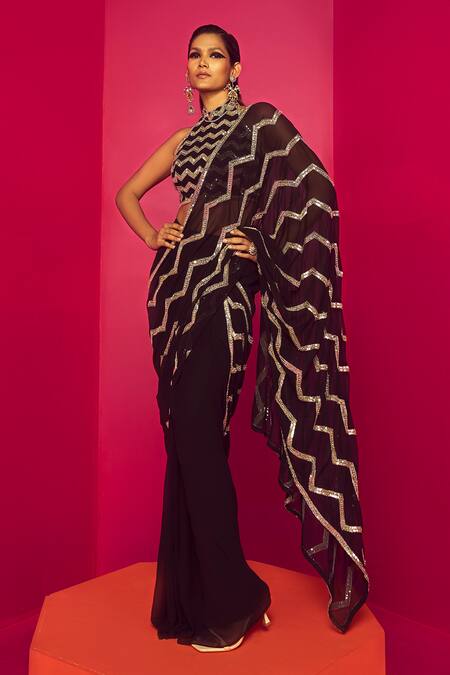 Buy_Krisha Sunny Ramani_Black Georgette Sequins, Cut Chevron Embroidered Pre-draped Saree With Blouse _Online_at_Aza_Fashions